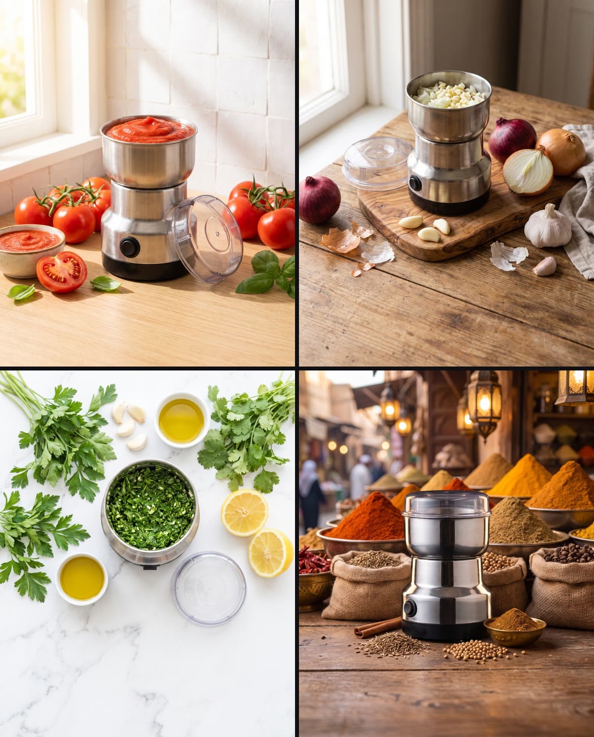Quatre usages du moulin : coulis de tomates, oignon et ail hachés, chermoula, épices